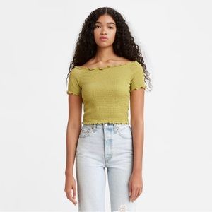Levi’s smocked off shoulder gumdrop crop top